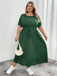 SHEIN CURVE+ Vestido holgado de manga larga negro con cinturón y bolsillos, estilo casual de verano para mujer de talla grande