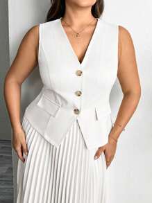 SHEIN Privé Conjunto de traje de blazer sin mangas minimalista de moda + falda larga plisada, conjunto de traje talla grande