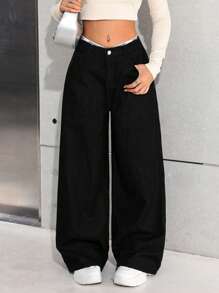 SHEIN Teen Girls Black Denim Long Jeans With Zipper Detail And Wide Leg Fit