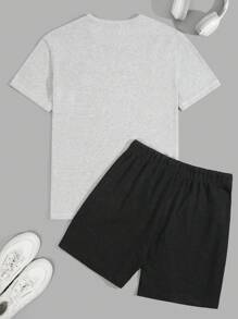 RueChic Men Letter Embriodery Regular T-Shirt & Short Set - Grey - View 2