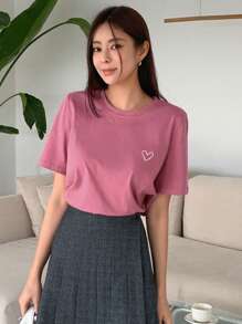 DAZY Women's Heart Printed Short Sleeve T-Shirt - Hot Pink - View 4