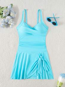 Swim Lushoire 针织度假沙滩派对背部交叉纯色连体褶皱钢圈性感优雅女士夏季比基尼泳装