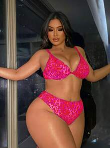 Swim SXY Plus Size Patterned Swimsuit Set, Suitable For Vacation & Beach For Summer - Hot Pink - View 3