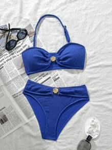 SHEIN TEENGIRL Blue Textured Metal Decor Fashionable Beachside Vacation Halter Bikini Set - Blue - View 2