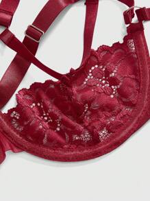 ROMWE Goth 1 件哥特式蕾丝钢圈衬垫半罩杯文胸 - 酒紅色 - 查看 4