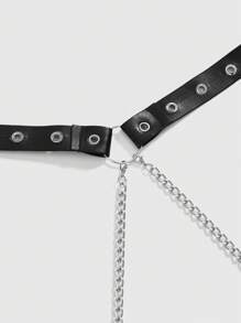 ROMWE Grunge Punk 3 件套哥特朋克无袖 PU 时尚三角文胸、丁字裤和吊袜带性感内衣套装 - 黑色 - 查看 4