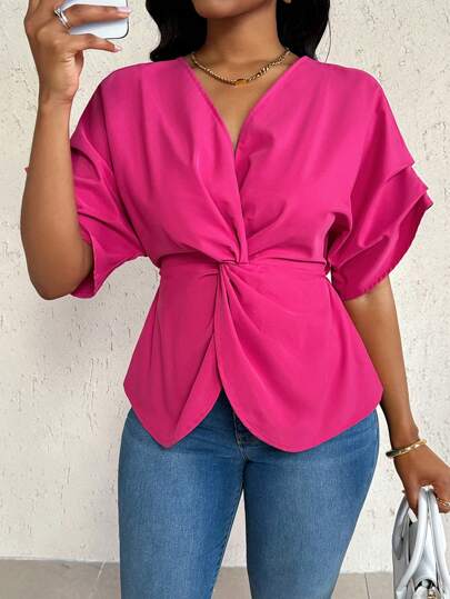 VaVaBold Women's Elegant Hot Pink Woven Fabric Blouse With V-Neck, Short Sleeves, And A Twist Front Detail