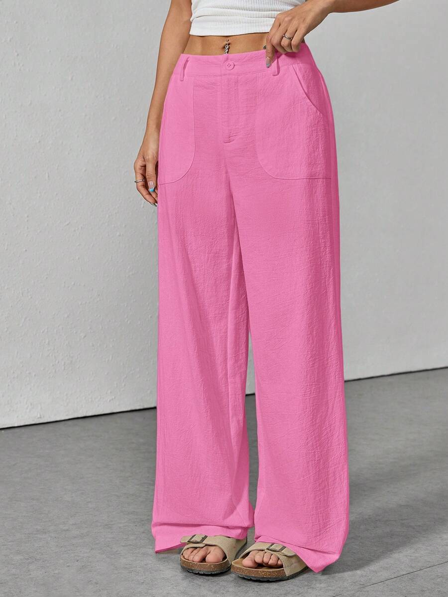 SHEIN PETITE 休闲纯色宽松低腰阔腿裤