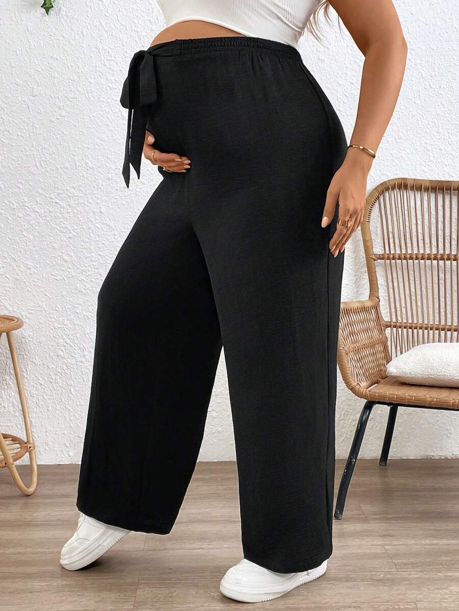 SHEIN Maternity Solid Color High Waist Loose Pants With Bow Decor