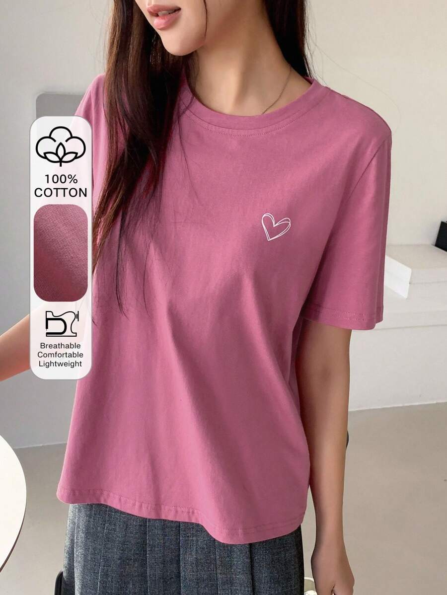 DAZY Women's Heart Printed Short Sleeve T-Shirt - Hot Pink - View 1