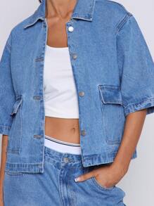 MUSERA Áo denim dáng rộng, cổ bẻ, cài cúc phía trước, tay lửng, thích hợp cho mùa hè, các buổi hòa nhạc, lễ hội, tiệc tùng, thời trang đường phố, đi học, công sở, mùa thu, mùa xuân. - Màu xanh lam - Xem 5