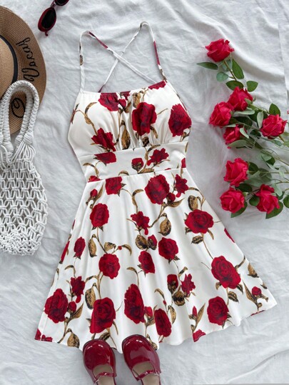 Soleia Plus Size Women Holiday Romantic Red Floral Pattern Spaghetti Strap Backless A-Line Mini Dress, Spring/Summer Fashion Sexy Sundress For Beach, Cruise, Valentine's Day, Carnival, Easter, Chinese New Year