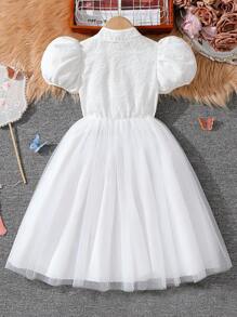 SHEIN Girls' Butterfly Embroidery Mesh Luxe Birthday Party Puff Sleeve Button Chinese Style Dress - White - View 3