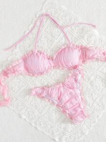 SHEIN Swim Bộ 2 bộ bikini đi nghỉ mát màu hồng trơn cổ chữ V sâu xếp nếp ngọt ngào và gợi cảm cho nữ - Hồng - Xem 5