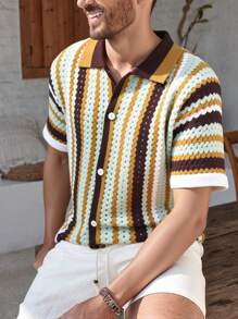 Manfinity CityGents Camisa de punto de manga corta con botones frontales y calado para hombre, ideal para el verano