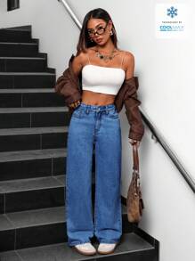 SHEIN PETITE Quần Jeans Ống Rộng Ống Rộng Có Túi Cho Nữ Đa Năng Thường Ngày - Rửa nhẹ - Xem 5