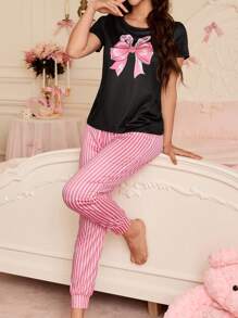 SweetSlumber Conjunto de pijama con top de manga corta de cuello redondo con acento de lazo y pantalones a rayas para mujer
