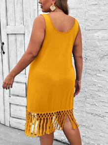 SHEIN VCAY 大码夏季海滩度假无袖拼布流苏针织蓝色连衣裙 - 黃色 - 查看 2