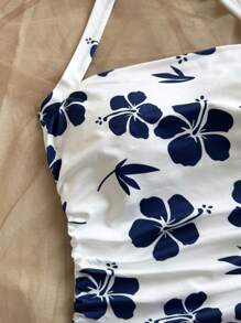 Soleia 大码女式复古蓝白瓷印花挂脖白色罗纹针织修身背心，适合夏季女士夏季套装女士夏季衬衫 - 藍白色 - 查看 4