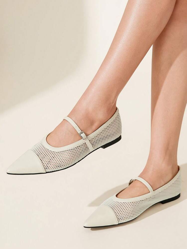 CUCCOO CHICEST Women's Beige Elegant Simple Design Pointed Toe Mesh Flats Casual Mary Jane Shoes, Suitable For Work, Daily Wear And Vacation, Summer