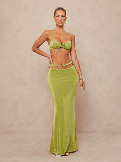 Lumalex Spring Outing Summer Swimsuit Swimwear Swim Vacation Elegant Easter Bohemian BOHO Sea Beach Hot Outdoor Richly Layered Wedding Season Banquet Coming Of Age Ceremony Beach Seaside Women's Satin Asymmetrical Metal Ring Decor Scoop Back Low Waist Hollow Out Tight Maxi Mermaid Cut Two Pieces Set For Women