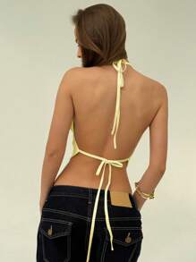 Aloruh New Sexy V-Neck Wrap Tied Shoulder Strap Double Layer Hem Backless Sleeveless Solid Color Tank Top