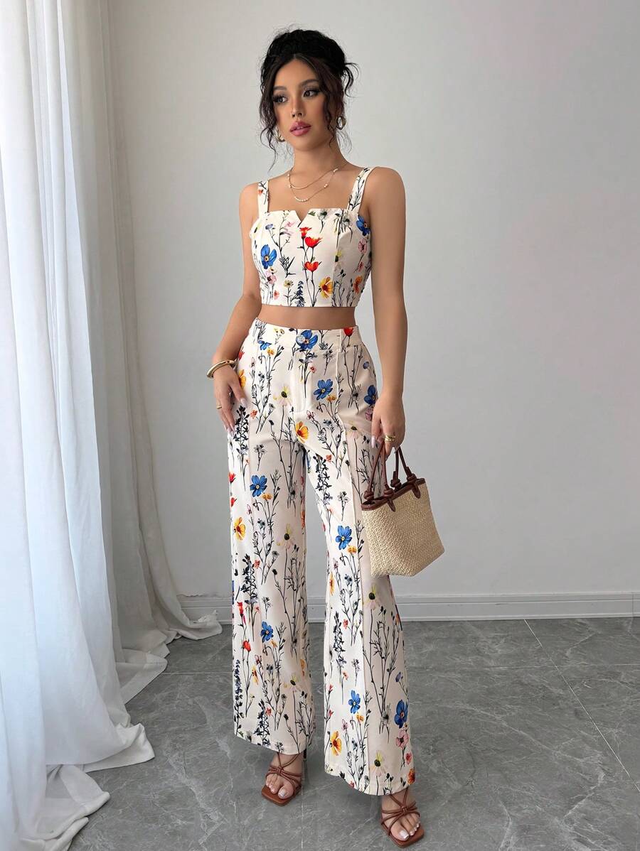 Elenzga Women's Elegant Apricot Ditsy Floral V-Neck Racerback Camisole + Women's Graceful Ditsy Floral Straight Leg Pants, Spring/Summer - Multicolor - View 1