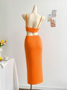 Soleia Women Summer Solid Color Hollow Out Waist Long Cami Dress - Orange - View 2