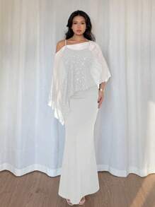 Chiquease 2 件套女士波尔卡圆点网眼不对称领口上衣和修身优雅美人鱼下摆吊带背心连衣裙 - 白色 - 查看 5