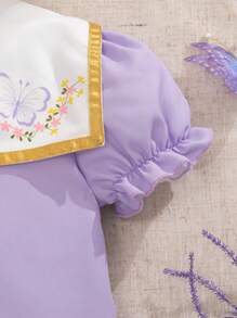 SHEIN 2pcs/Set Girls Vintage French School Style Sailor Top + Pleated Skirt Suit, Contrast Color Collar & Puff Sleeves, Cute & Sweet For Summer - Purple - View 5