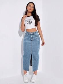 Jeanoix Rok Denim Vintage Wanita Ukuran Besar, Musim Semi/Panas - Light Wash - View 4