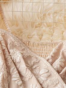 SHEIN LUNE Romantic Date  Elegant Business Casual Apricot Embossed Jacquard Chiffon Layered Square Collar Lantern Sleeve Blouse Women, French Style Waist Belt Design Slim Fit Minimalist Top - Apricot - View 5