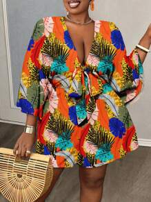 Slaydiva Plus Size Women's Vibrant Tropical Leaf Print Jumpsuit, Suitable For Summer With Leopard & Floral Patterns - Multicolor - View 3