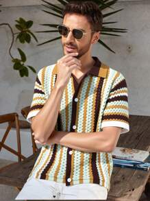 Manfinity CityGents Camisa de punto de manga corta con botones frontales y calado para hombre, ideal para el verano
