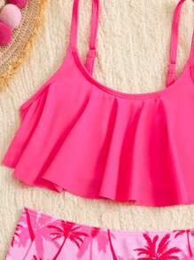 Tween Girl Vacation Beach Solid Color Spaghetti Strap Coconut Tree Print Bikini Swimsuit Set - Hot Pink - View 3