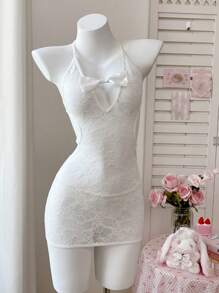 PetitDoll 2pcs Women Solid Color Bow Sexy Lace Nightgown Set - White - View 7