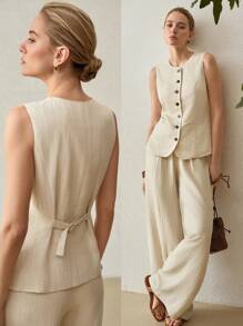 SHEIN x PRISCILA & JIMENA MOTF PREMIUM LINEN SINGLE BREASTED WAISTCOAT