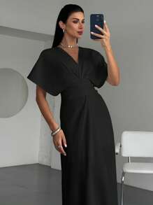 Firerie 女士优雅简约精致浪漫迷人日常、斋月、情人节、派对、节日 V 领褶皱腰露背系带 A 字长裙，白色 - 黑色 - 查看 7