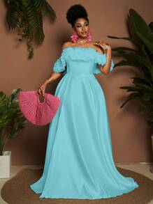 Maweii Vestido con escote sin tirantes, volantes y tela de gasa, talla grande - Azul - Ver 5