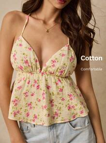 Poéselle Women's Holiday Casual Ditsy Floral Print Halter Neck Backless Top - Multicolor - View 1