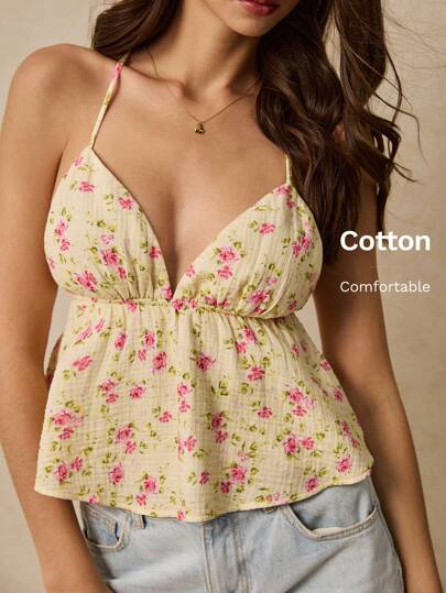 Poéselle 女士节日休闲碎花印花露背上衣