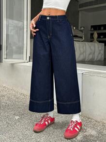 SHEIN PETITE Quần Jeans Nữ Lưng Thấp Ống Thẳng 7/8, Màu Xanh - Rửa tối - Xem 8