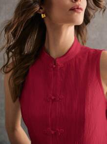 Poéselle Áo ba lỗ không tay cài nút phía trước đơn sắc dành cho nữ, cổ đứng, thường ngày - Màu Hoa hồng đỏ - Xem 3