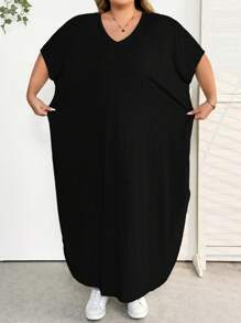 SHEIN CURVE+ Vestido largo con diseño de bolsillo y abertura, casual y adecuado para uso diario, nuevo para primavera/verano para mujeres de talla grande - Negro - Ver 8