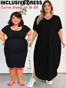 SHEIN CURVE+ Vestido largo con diseño de bolsillo y abertura, casual y adecuado para uso diario, nuevo para primavera/verano para mujeres de talla grande - Negro - Ver 9