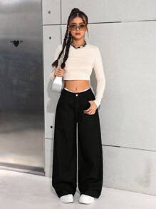 SHEIN Teen Girls Black Denim Long Jeans With Zipper Detail And Wide Leg Fit