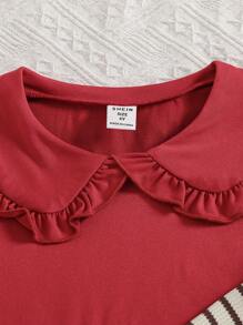 3 Pcs/Set Girls Casual Versatile White, Red, Black & White Striped Knit Peter Pan Collar Short Sleeve T-Shirt, Suitable To Match With Jeans Or Outerwear - Multicolor - View 5