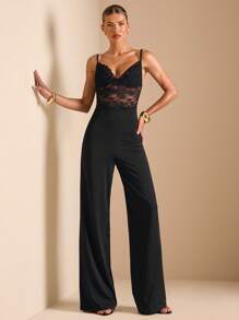 SHEIN BAE Bộ đồ liền thân ống rộng kiểu áo ngực ren gợi cảm màu đen hở lưng mùa hè dành cho nữ, phù hợp cho các buổi đi chơi hàng ngày, hẹn hò, tiệc tùng, tụ tập, đi chơi đêm và kỳ nghỉ ở bãi biển Bộ đồ liền thân thanh lịch - màu đen - Xem 3