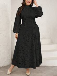 Veilorie Plus Size Elegant Solid Color Jacquard Lantern Sleeve Dress - Black - View 6