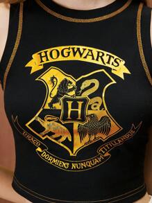 HARRY POTTER X SHEIN Women's Casual Summer College Style Badge Hot Stamping Round Neck Black Slim Vest